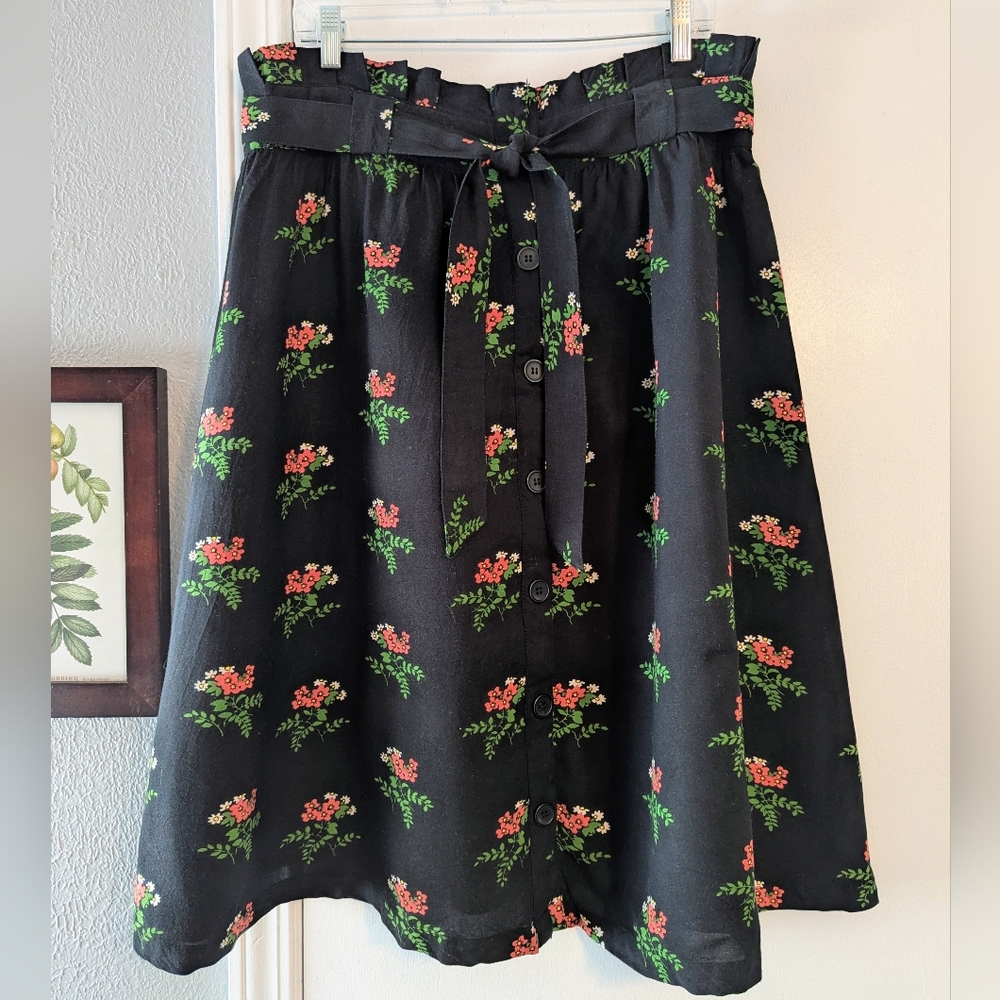 Modcloth Pretty Vacant Floral Paperbag Waist Button-front Midi Skirt Size US 14